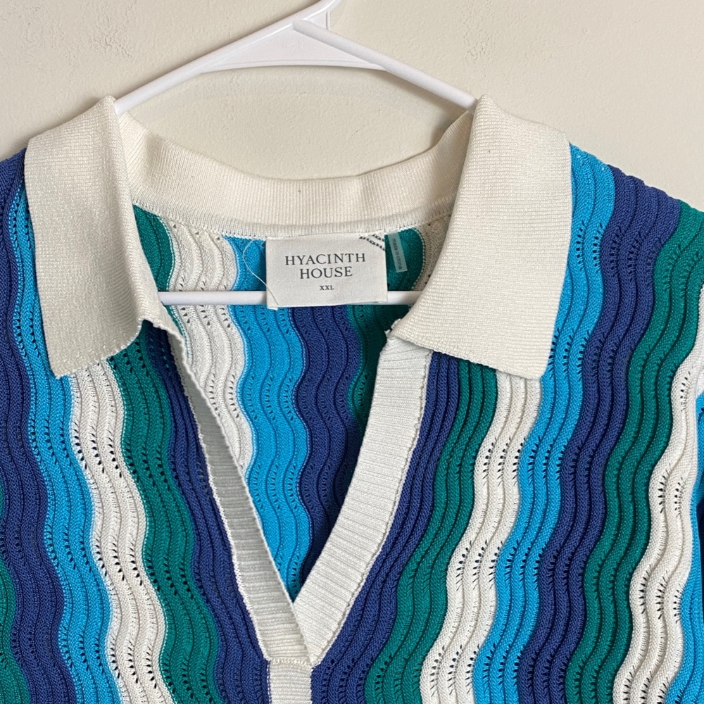 Hyacinth House Aqua Wavy Sammie Blue White Coastal Knit Mini Dress Size XXL - Picture 3 of 6
